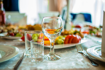 Buffet table of reception with cold snacks, meat and salads