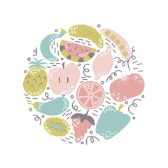 Flat fruits and vegetables in cartoon style with doodles. Vegetarian, vegan. Vector illustration.