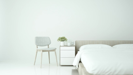 Bedroom and living area in hotel or home on minimal style - Interior simple design on white tone - 3D Rendering