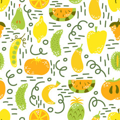 Vegan seamless pattern. Flat fruits and vegetables in cartoon style with doodles. Vegetarian. Vector illustration.