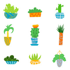 Flat house plants in a cartoon style. Set of flowers in pots. Interior. Vector illustration.