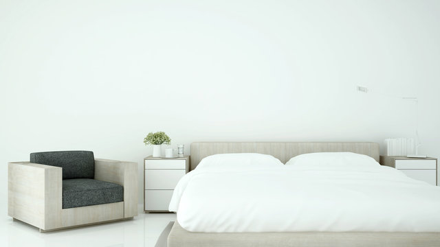 Bedroom and living area in hotel or home on minimal style - Interior simple design on white tone - 3D Rendering