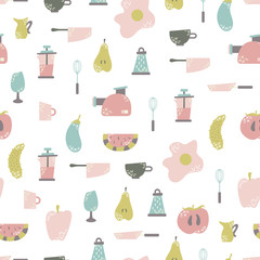 Seamless pattern with kitchen appliances in a flat cartoon style. Background for design. Cooking
