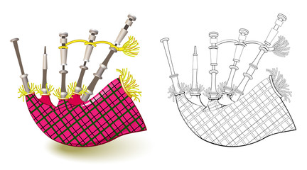 Colorful and black and white pattern for coloring. Fantasy illustration of ancient Scottish folk musical woodwind instrument bagpipes. Printable worksheet for coloring book for children and adults.