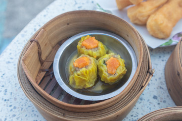 shrimp Dim Sum dumplings in bamboo basket