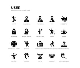 set of 20 black filled vector icons such as face treatments, extreme sports, anger, hood open, feasibility, satyr, arab man, thai, indonesian, malaysian. user black icons collection. editable pixel