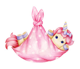  Cute  baby unicorn cartoon  in blanket, isolated on white. © rvika