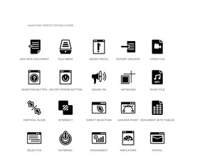 set of 20 black filled vector icons such as postal, document with tables, music file, video file, indicators, disconnect, question button, export archive, gross pencil, file inbox. ui black icons