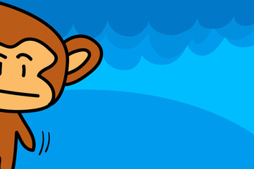 Monkey hidden in the corner with blue background