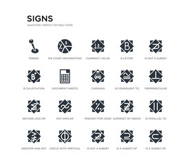 set of 20 black filled vector icons such as is a subset of, is parallel to, perpendicular, is not a subset, a subset of, not b calification, b letter, currency value, pie chart information on money.