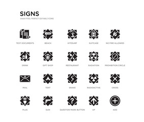 set of 20 black filled vector icons such as add, cross, prohibition circle, no fire allowed, up, question mark button, drink, suitcase, kitesurf, beach. signs black icons collection. editable pixel