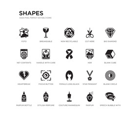 set of 20 black filled vector icons such as speech bubble with ellipsis, blank circle, blank cube, big diamond, parfum, couture mannequin, net contents, cut here, non recyclable, breakeable. shapes