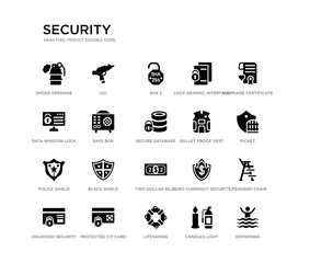 set of 20 black filled vector icons such as drowning, lifeguard chair, picket, marriage certificate, candles light, lifesaving, data window lock, lock graphic interface security, sha 2, uzi.