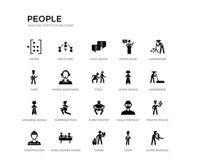 set of 20 black filled vector icons such as layer working, traffic police, garderner, landkeeper, cook, curier, chief, monologue, chat group, relations. people black icons collection. editable pixel