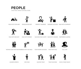set of 20 black filled vector icons such as give a piggy back ride, tall hat, partners claping hands, man with company, team success, succes team, man with big key, worker success, perfect worker,