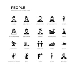 set of 20 black filled vector icons such as emperor, sujud, julus, takbir, qiyam, ruku, mexican woman, spanish woman, spanish man, colombian. people black icons collection. editable pixel perfect