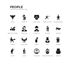 set of 20 black filled vector icons such as spindle, snuggle, aviation, bearded woman, identification card with picture, male user, baby with diaper, fencing attack, baby diaper, seductive. people