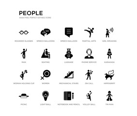 set of 20 black filled vector icons such as tin man, hippogriff, karakasa, girl speaking, volley ball, notebook and pencil, man, martial arts, speech balloon, speech balloons. people black icons