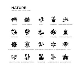 set of 20 black filled vector icons such as japanese flower, beautiful lotus flower, sunset fuji mountain, branches with leaves, bamboo branches, bonsai tree, night snow, flowerpot, plant, house for