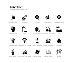 set of 20 black filled vector icons such as petals, raindrop, sow, four leaf clover, grass leaves, autumn leaves, determination, park bench, clovers, asteroids. nature black icons collection.