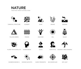 set of 20 black filled vector icons such as dry leaf, coconut tree standing, solar, seeding, big snowflake, sunny pronostic, falling debris, grains, dune, element. nature black icons collection.