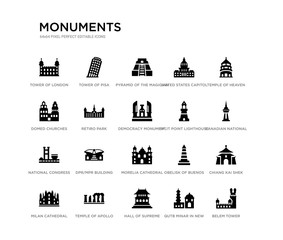 Fototapeta na wymiar set of 20 black filled vector icons such as belem tower, chiang kai shek memorial hall, canadian national tower, temple of heaven in beijing, qutb minar in new delhi, hall of supreme harmony in