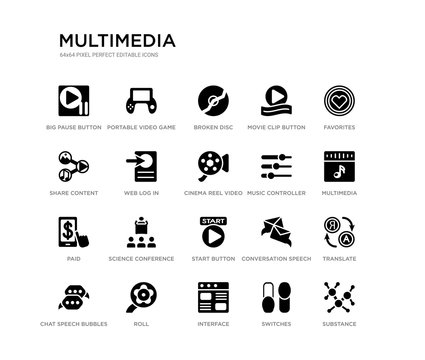 Set Of 20 Black Filled Vector Icons Such As Substance, Translate, Multimedia, Favorites, Switches, Interface, Share Content, Movie Clip Button, Broken Disc, Portable Video Game Console. Multimedia