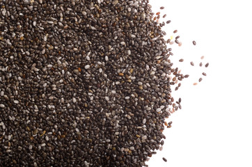 Raw Chia seeds closeup on white background