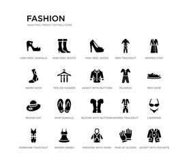 set of 20 black filled vector icons such as jacket with pockets, lingerine, men shoe, women coat, pair of gloves, sweater with hood, warm sock, men tracksuit, high heel shoes, high heel boots.