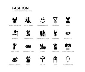 set of 20 black filled vector icons such as heart pendant, t shirt with heart, belt pouch, tunic, coif, collar, monocle, star medal, women swimsuit, pair of socks. fashion black icons collection.