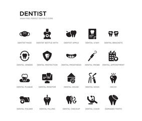 set of 20 black filled vector icons such as damaged tooth, decay, dental appointment, dental brackets, dental chair, checkup, veneer, x ray, dentist apple, dentist bottle with liquid. dentist black