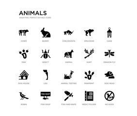 set of 20 black filled vector icons such as no dogs, dog head, dragon fly, cage, medic folder, fish and knife, paw, smilodon, coelodonta, bunny. animals black icons collection. editable pixel
