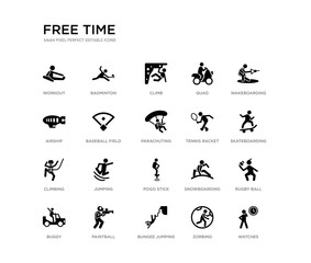 set of 20 black filled vector icons such as watches, rugby ball, skateboarding, wakeboarding, zorbing, bungee jumping, airship, quad, climb, badminton. free time black icons collection. editable