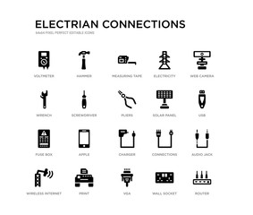 set of 20 black filled vector icons such as router, audio jack, usb, web camera, wall socket, vga, wrench, electricity, measuring tape, hammer. electrian connections black icons collection. editable