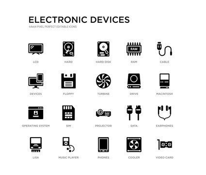 Set Of 20 Black Filled Vector Icons Such As Video Card, Earphones, Macintosh, Cable, Cooler, Phones, Devices, Ram, Hard Disk, Hard. Electronic Devices Black Icons Collection. Editable Pixel Perfect