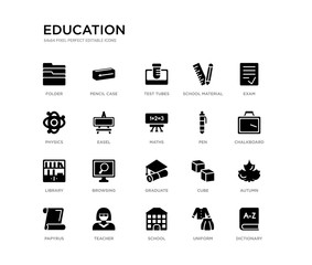 set of 20 black filled vector icons such as dictionary, autumn, chalkboard, exam, uniform, school, physics, school material, test tubes, pencil case. education black icons collection. editable pixel