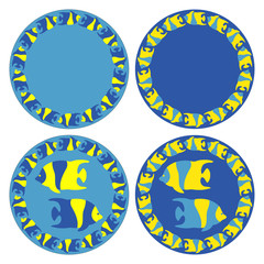 Set of vector illustrations with yellow and blue tropical sea fish round blue background. Aquarium, sea life, flat design frames.