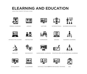 set of 20 black filled vector icons such as ask, asynchronous learning, blended learning, business education, computer-based training, distance teacher, interactive course, international, lecture,
