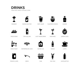 set of 20 black filled vector icons such as juice bottle, latte, lemon juice, liquor, mai thai, pub, pisco sour, planter's punch, mint julep, ramos gin fizz. drinks black icons collection. editable