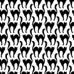 Black cats silhouettes, seamless pattern. Vector background, Halloween, flat design.