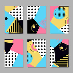 Set of bright creative cards with geometric shapes, memphis design