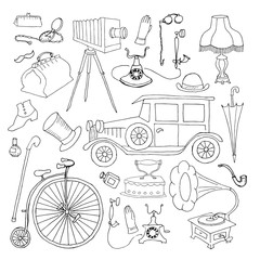 Set of retro things and accessories, white. Vector illustration, vintage design elements.