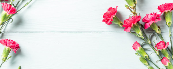 Spring holidays flat lay with bouquet of pink carnation on light turquoise wooden background. Top view with copy space. Banner.