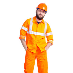 Man worker road constructor smiling looking on white background isolation