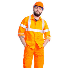 Man worker road constructor smiling looking on white background isolation