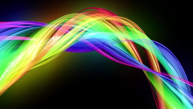4k colorful looped animation of a rainbow colors tape with neon light moving in a circle as abstract background with lines and ribbons. Luma matte is included as alpha channel for compositing. 7