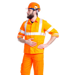 Man worker road constructor looking on white background isolation
