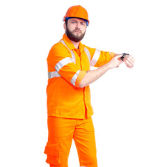 Man worker road constructor looking on watch, deadlines on white background isolation