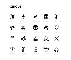 set of 20 black filled vector icons such as jugglin, stick, ring of fire, handbalancing, diabolo, aerial ring, circus canon, circus car, circus giraffe, horse. black icons collection. editable pixel