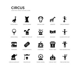 set of 20 black filled vector icons such as fire eater man, two headed man, clown with hat, circus monkey, circus tent, ferris wheel, circus ring, giraffe, lion, dress. black icons collection.